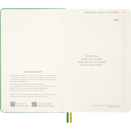 Kalenderseite des Moleskine Buchkalenders 2026 mit Manifesto-Text und wissenschaftlicher Aussage.