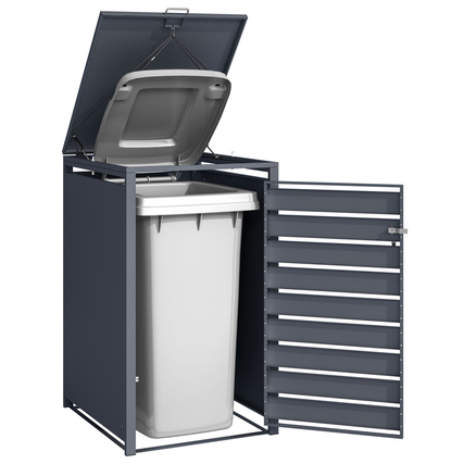 Mülltonnenbox in silber mit geöffnetem Deckel und Sicht auf eine Mülltonne im Inneren.