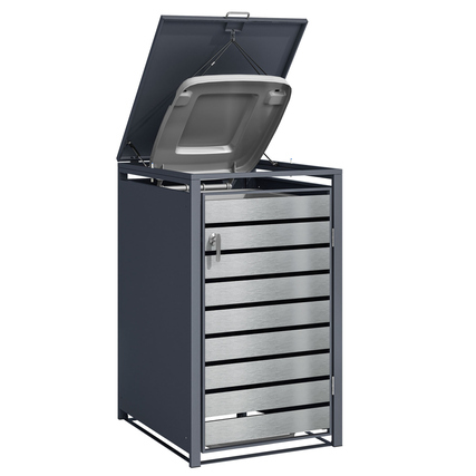 Mülltonnenbox in Silber mit offenen Deckel und Mülltonne im Inneren.