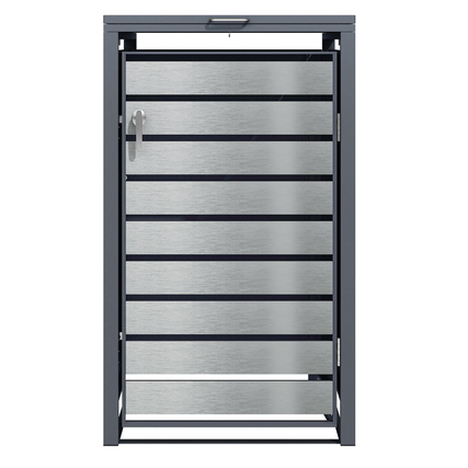 Mülltonnenbox in silber mit Tür und horizontalen Lamellen, Frontansicht.