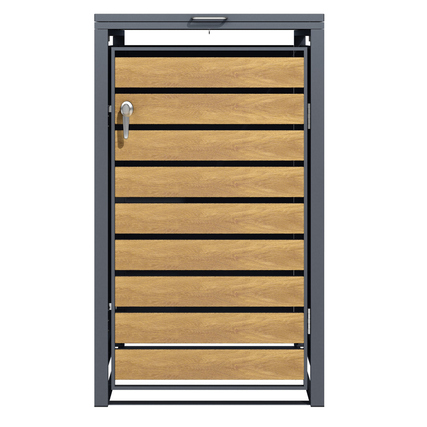 Mülltonnenbox aus Holz und Metall mit horizontalen Paneelen und Türverriegelung.