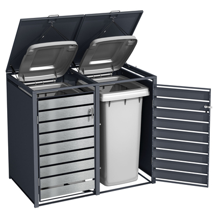 Mülltonnenbox in Silber mit zwei Klapptüren und einer abgedeckten Mülltonne sichtbar im Innenraum.