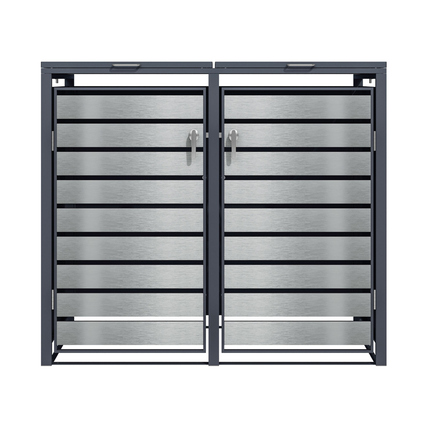 Mülltonnenbox mit doppelten Türen aus silberfarbenem Metall und horizontalen Lamellen.