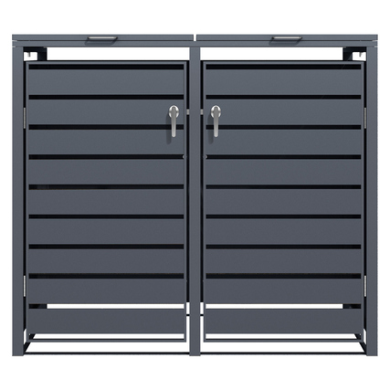 Anthrazitfarbene Mülltonnenbox mit zwei Türen und horizontaler Schlichtoptik.