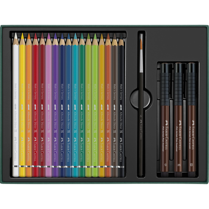 Malset mit 21 Aquarellstiften und zwei Pitt Artist Pens in einer schwarzen Schatulle.