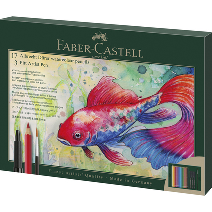 Malset mit 17 Aquarellstiften und 3 Pitt Artist Pens in dekorativer Verpackung.