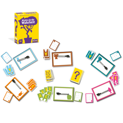 Gesellschaftsspiel mit Karten, einem Stift und einer Spieleschachtel in ansprechender Anordnung.