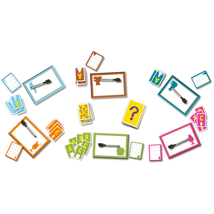 Spielmaterialien des Partyspiels "Nichts als die Wahrheit" auf einem Tisch verteilt.