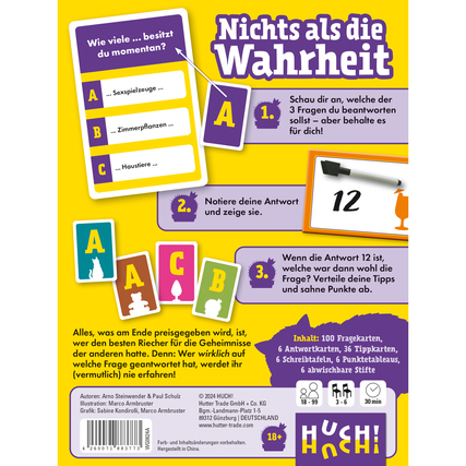 Verpackung des Partyspiels "Nichts als die Wahrheit" mit Spielkarten und Zubehör.