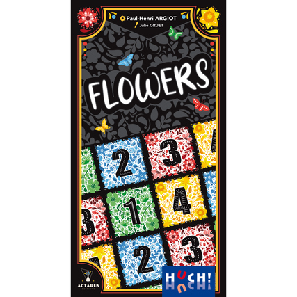 Spieleschachtel von HUCH! mit dem Titel "Flowers" in bunten Farben und Mustern.