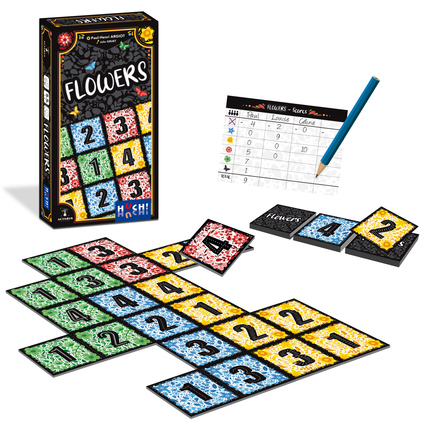 Gesellschaftsspiel Flowers mit Spielkarten und Spielanleitung auf einem Tisch.