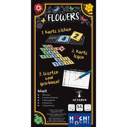 Produktverpackung des Gesellschaftsspiels "Flowers" mit Spielanleitung und Inhaltsangabe.