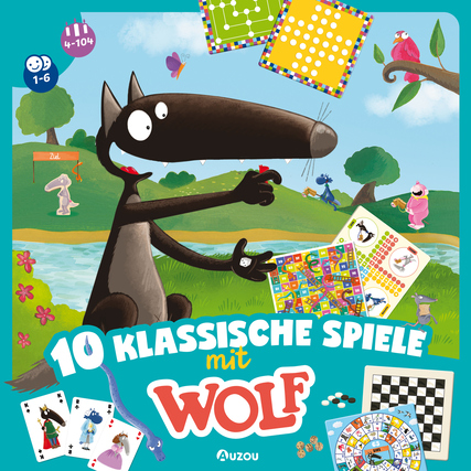 Gesellschaftsspiel mit Wolf, das 10 klassische Spiele mit Spielemotiven zeigt.