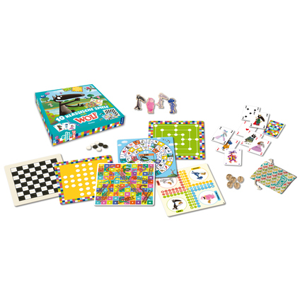 Gesellschaftsspiel mit Box und verschiedenen Spielmaterialien in buntem Design von Wolf.
