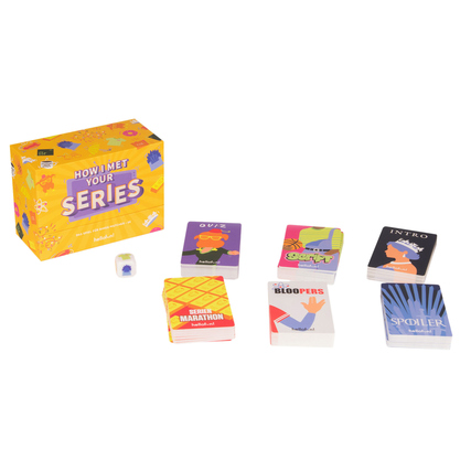 Gesellschaftsspiel "How I met your Series" mit Spielkarten, Würfel und Spielbox.