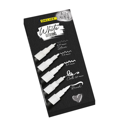 Schwarze Verpackung mit vier weißen Acrylmarkern in verschiedenen Spitzenformen und Größen.