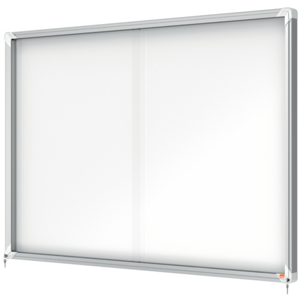 Wandschaukasten mit Aluminiumrahmen und zwei abgedeckten Präsentationsflächen.