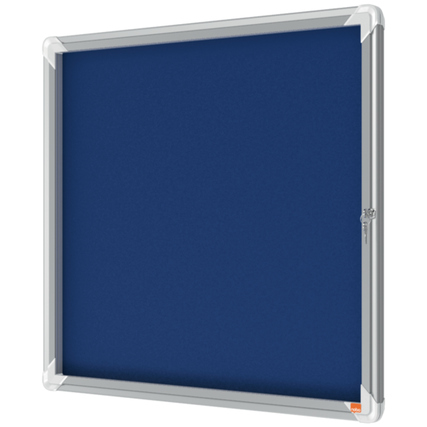 Blauer Schaukasten mit silbernem Rahmen für die Präsentation von Dokumenten im DIN A4-Format.