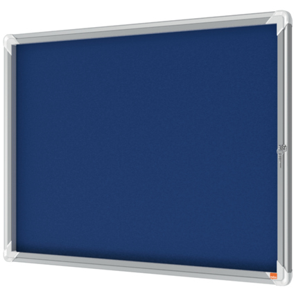 Blauer Schaukasten mit Aluminiumrahmen für 8 DIN A4-Dokumente, Frontansicht.