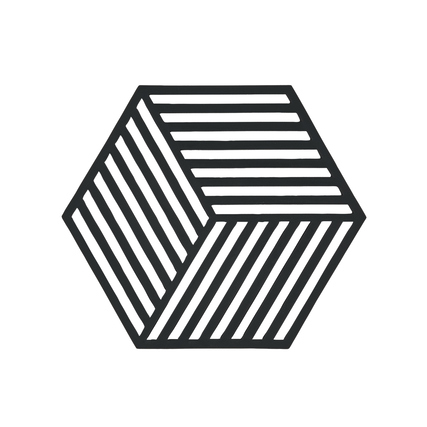 Sechseckiger, schwarzer Topfuntersetzer mit gestreiftem Design.