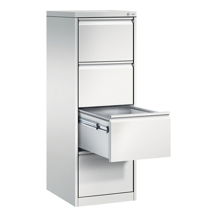 Hängeregistraturschrank mit offenen und geschlossenen Schubladen in verkehrsweiß.