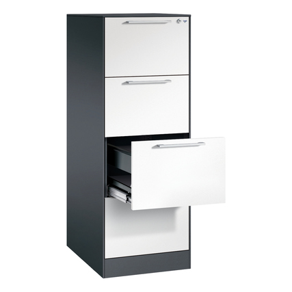 Hängeregistraturschrank mit geöffnetem Fach, in verkehrsweiß und schwarzgrau.