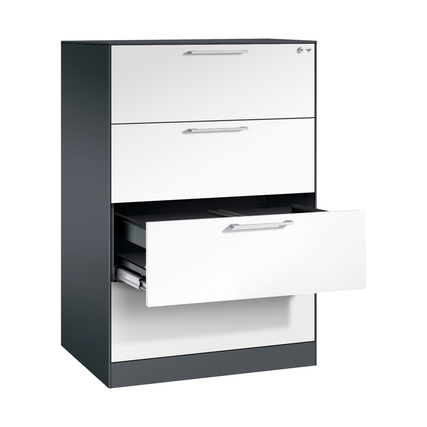 Hängeregistraturschrank mit drei Schubladen in verkehrsweiß und schwarzgrau, teilweise geöffnet.