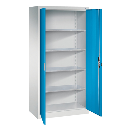 Hochschrank mit lichtblauen Flügeltüren und verstellbaren Regalboden in neutralem Hintergrund.