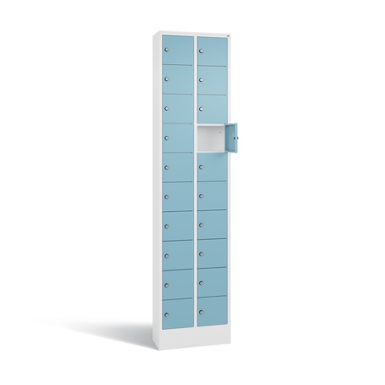 Schließfachschrank mit 20 Fächern in verkehrsweiß und architekturblau, seitliche Ansicht.