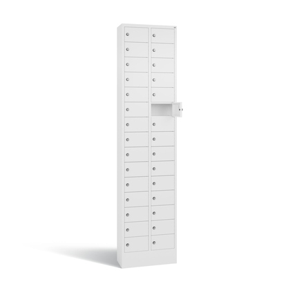Schließfachschrank mit 30 Fächern, verkehrsweiß, auf 100 mm hohem Sockel, rechte Türanschläge.