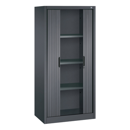 Schwarzer Rollladenschrank mit zwei Schiebetüren und vier Regalböden.