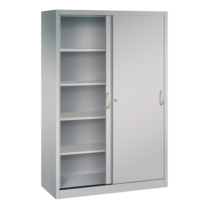 Schiebetürenschrank in Weißaluminium mit einem offenen Fach und einer geschlossenen Tür.