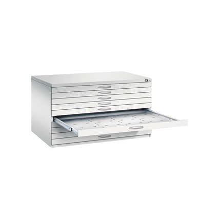 Flachablageschrank mit zehn Schubladen, eine Schublade ausgezogen, in neutralem Design.