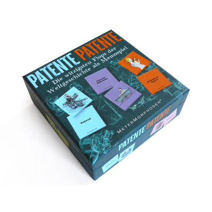 Spieleschachtel von 'Patente Patente' mit buntem Design und Illustrationen kurioser Patentideen.