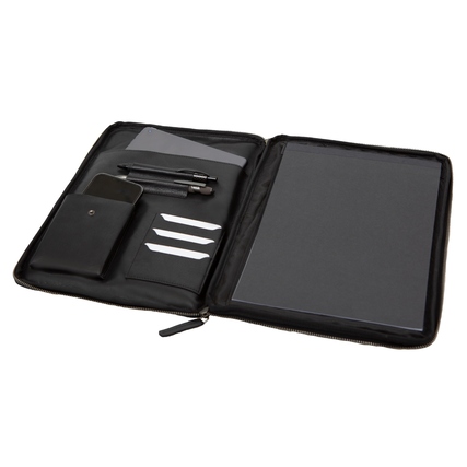Schreibmappe in Schwarz mit mehreren Fächern und einem gepolsterten Fach für Tablet oder Laptop.