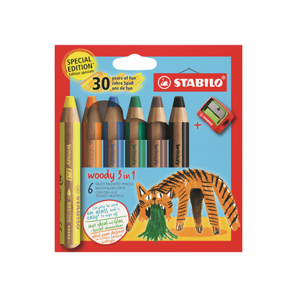 STABILO woody 3 in 1 Buntstifte in Tiger Design, verpackt in einer blauen und roten Schachtel.