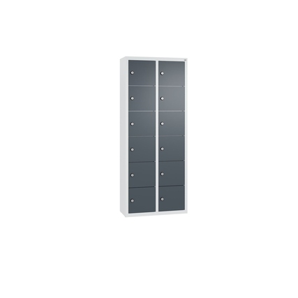 Wandschließfachschrank mit 12 Fächern in lichtgrau und anthrazitgrau, wandhängend.
