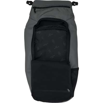 Rucksack in Light Green mit offenem Hauptfach und integriertem Fach für Handy oder Helm.