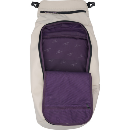 Offene Ansicht eines Rucksacks mit sichtbarem Innenraum in hellen Farben und zusätzlicher Tasche.