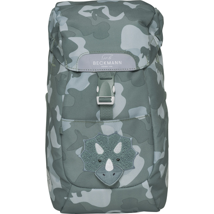 Grüner Kindergartenrucksack mit Dinosaurier-Applikation und klappbarem Deckel.