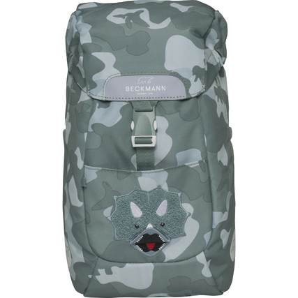 Kindergartenrucksack in Camouflage-Design mit Dinosaurier-Applikation und verstellbarem Verschluss.