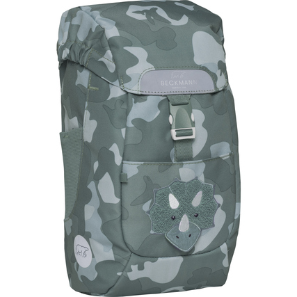 Grüner Kindergartenrucksack mit Dinosaurier-Applikation und Camouflage-Muster.