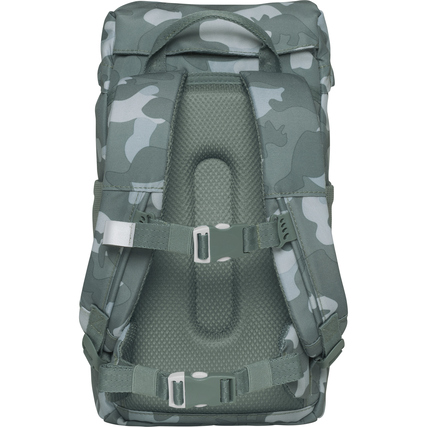 Rückansicht eines grünen Kindergartenrucksacks mit Polsterung und verstellbaren Trägern.