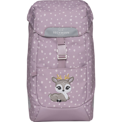 Lila Kindergartenrucksack mit punktförmigem Design und einem eingestickten Rehkitz-Motiv.