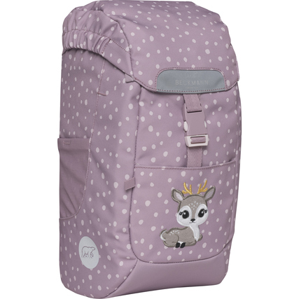 Lila Kindergartenrucksack mit Punkten und einem Reh-Design, Seitenansicht.