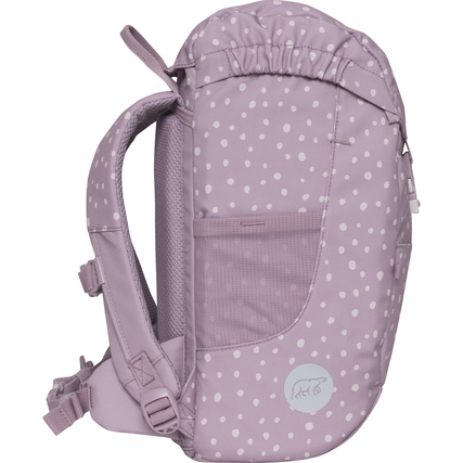 Rosa Kindergartenrucksack mit Punkten, seitliche Ansicht und gepolstertem Rücken.