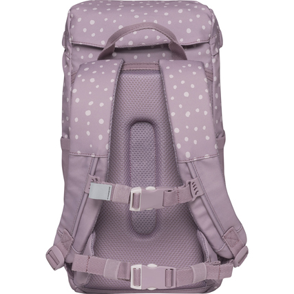 Rucksack in lila mit Punkten, Rückansicht, gepolsterten Trägern und verstellbaren Schnallen.