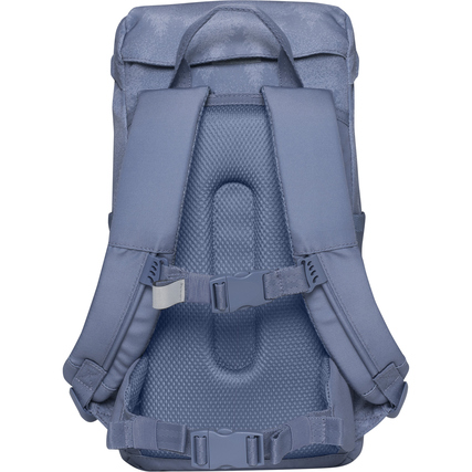 Rucksack mit gepolsterten Trägern und Rückenbereich in der Farbe Blau, Rückansicht.