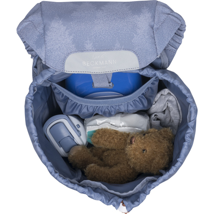 Rucksack mit geöffneter Klappe, gefüllt mit einem Teddybär, Kleidung und anderen Gegenständen.