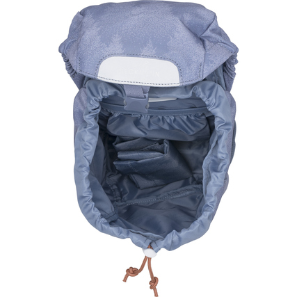 Blick in das Innere eines blauen Rucksacks mit elastischem Saum und zusätzlichem Beutel.